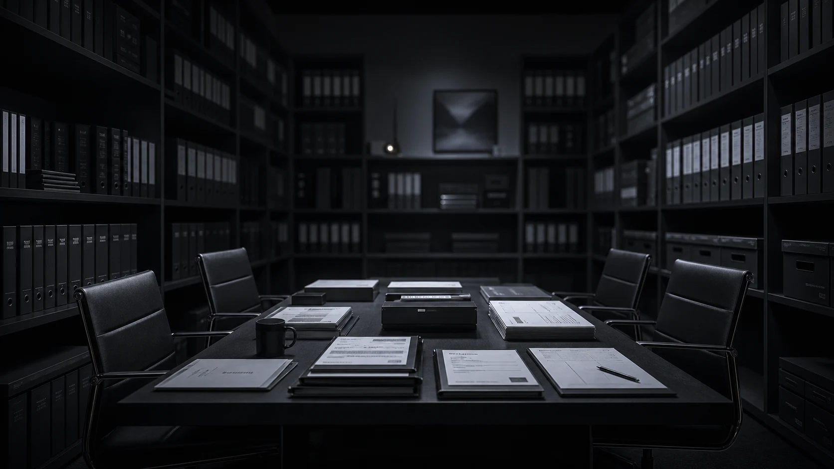 A dataroom of binders and printed documents on a table